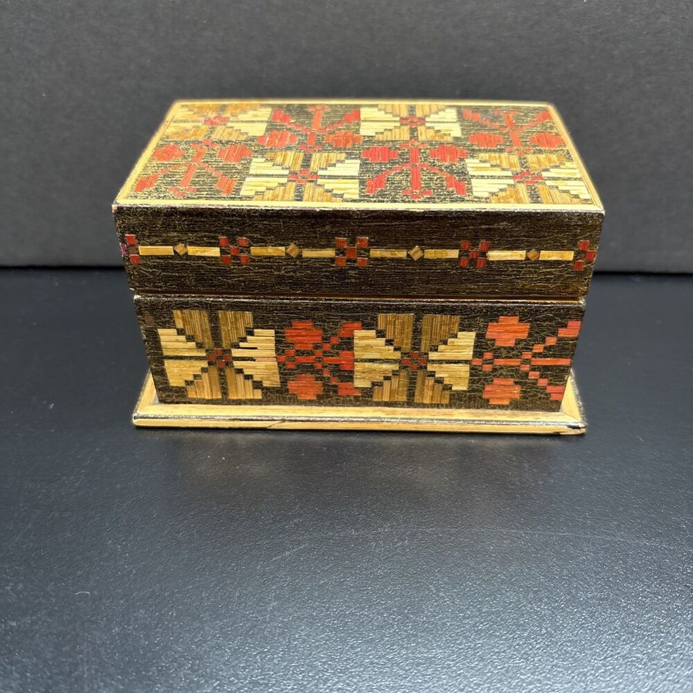 USSR Inlaid Straws Folk Art Wooden Box